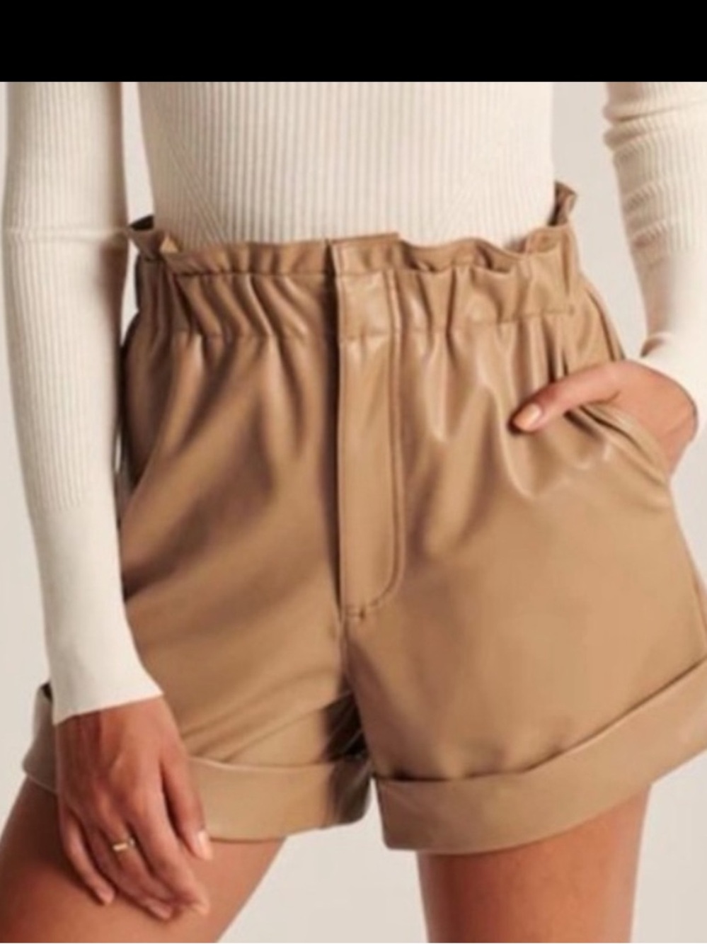 Abercrombie & Fitch Tan High-Waist Faux Leather Paperbag Shorts